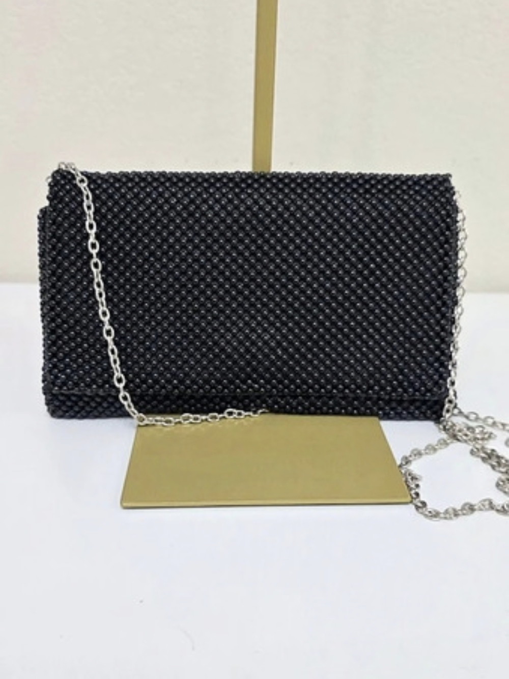 Blush Evening Black Beaded Mesh Clutch  Silver Chain Strap NWOT